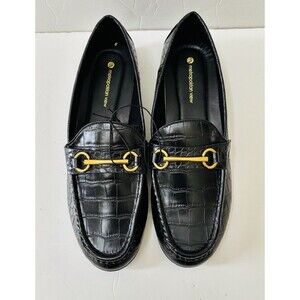 METROPOLITAN VIEW LOAFERS FOR WOMENS, BLACK  BUCKLE CROCODILE PATTERN FLAT SHOES